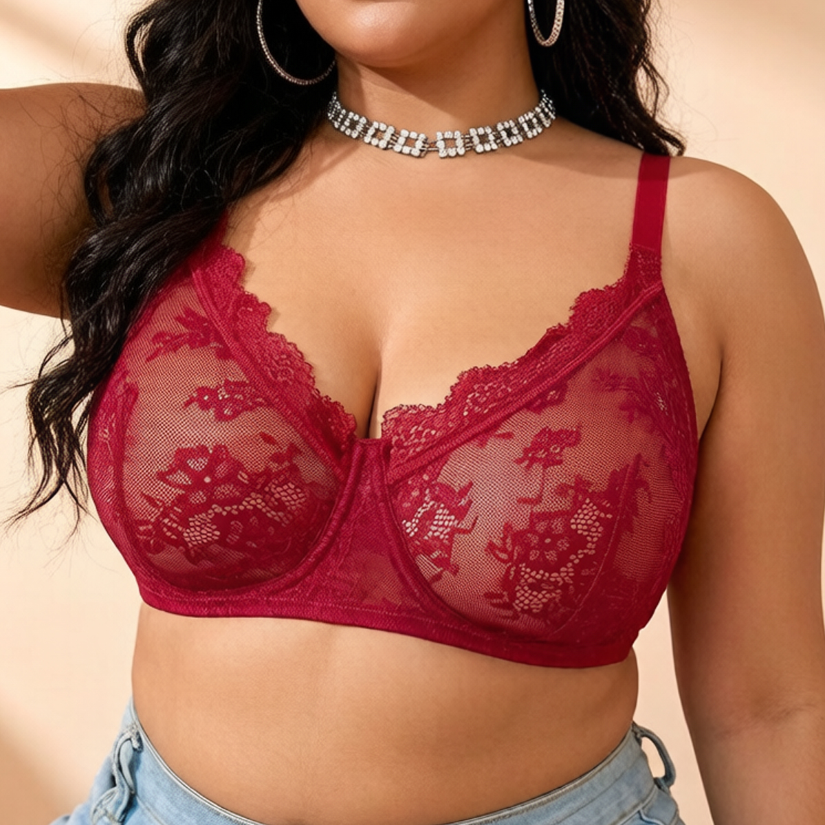 Women Plus Size Red Lace Sheer - Full Coverage Bra 리뷰 및 가격
