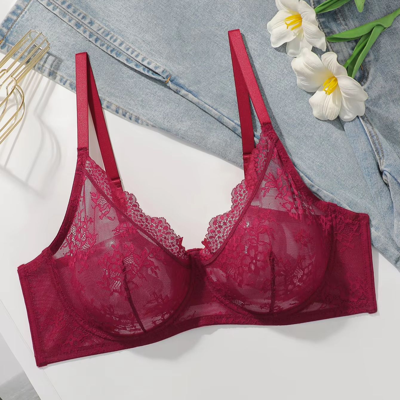 Women Plus Size Red Lace Sheer - Full Coverage Bra 리뷰 및 가격