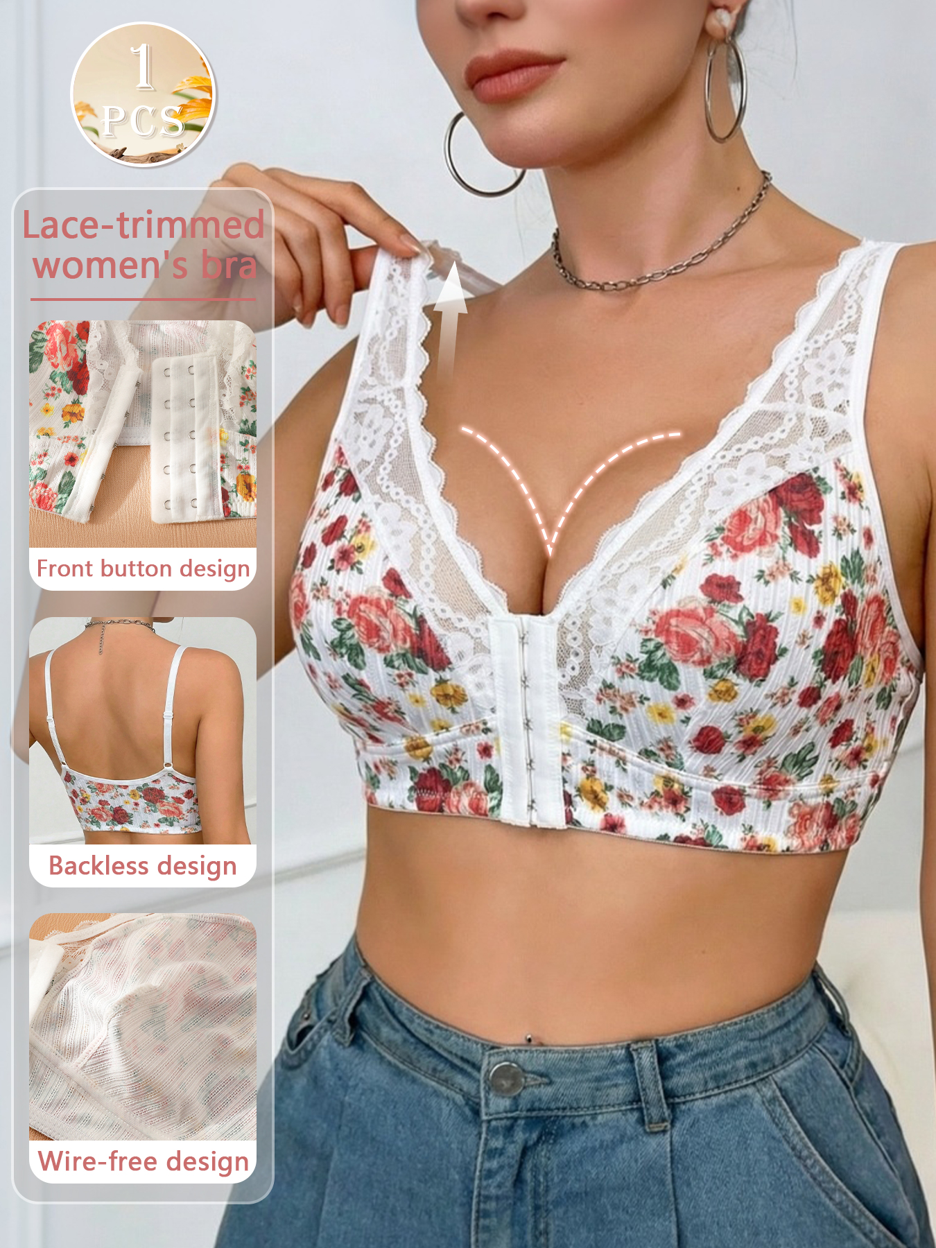 1pc Women's Floral Print Wirel - Wirefree Bra Comfort 리뷰 및 가격